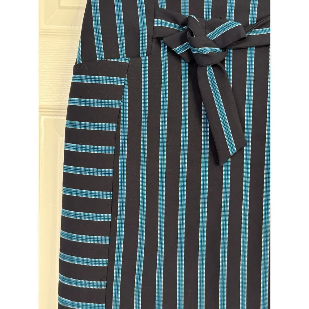 Karen Millen Stripe Skirt Women's 8 BlueMulti Cotton Stretch Pockets Tie NWT